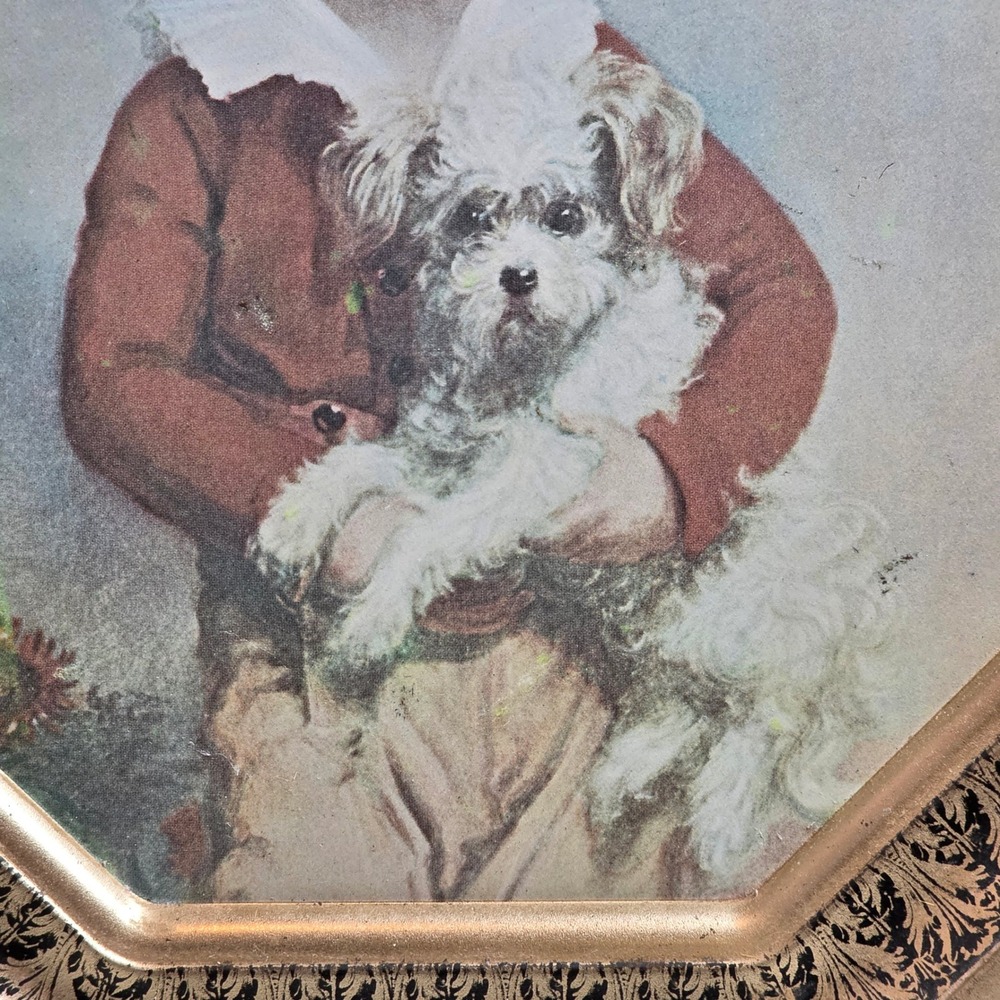 Vintage Octagonal Metal Portrait Boy with‎ Dog Gold Filigree Border - Picture 5 of 12